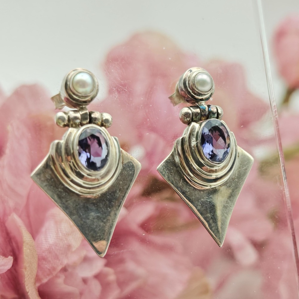 Art Deco Handmade Sterling Silver Earrings Womens OS Blue Iolite Pearl Post